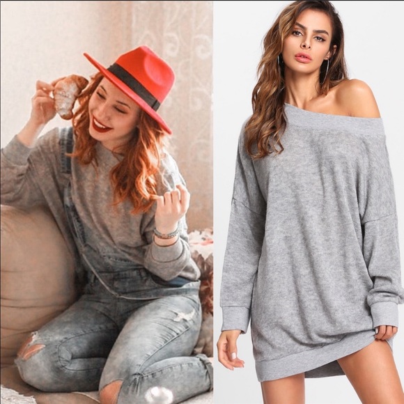 GREY OFF THE SHOULDER TUNIC KNIT SHIRT - Picture 3 of 3